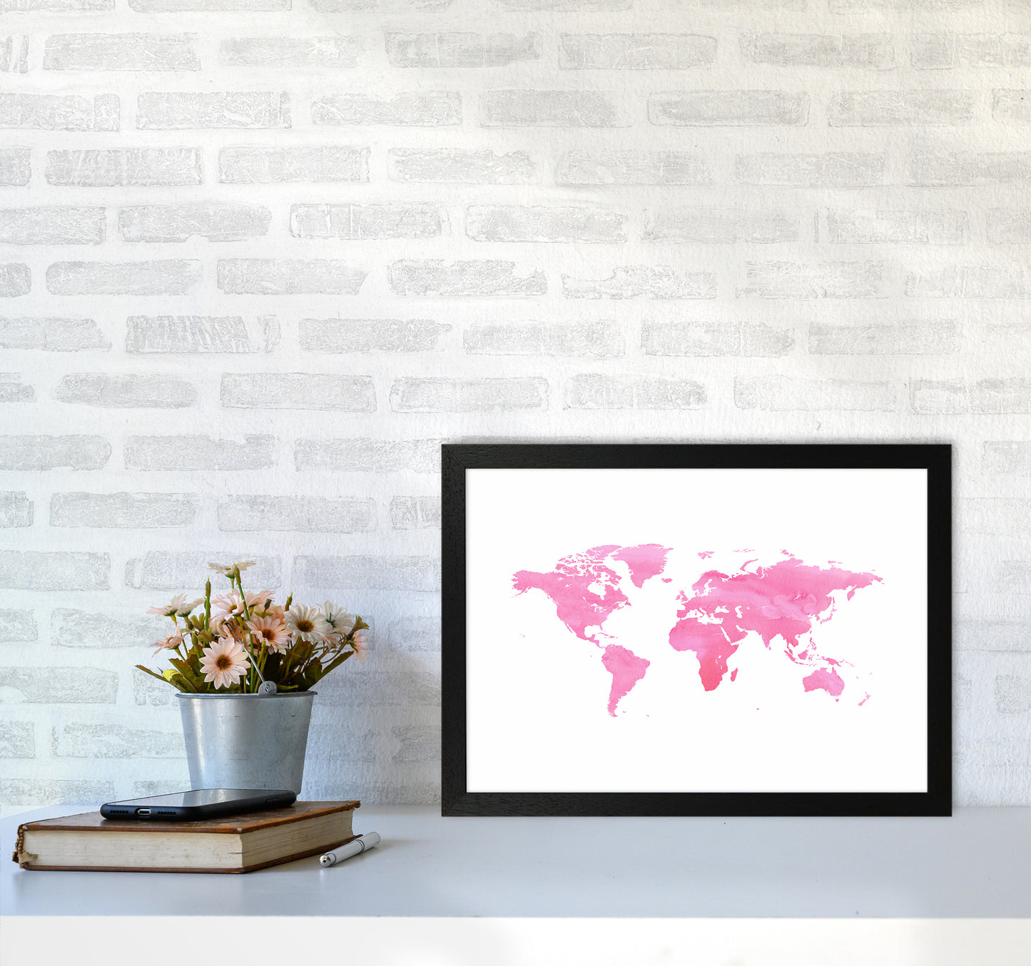 Pink Watercolor World Maps Art Print by Seven Trees Design A3 White Frame