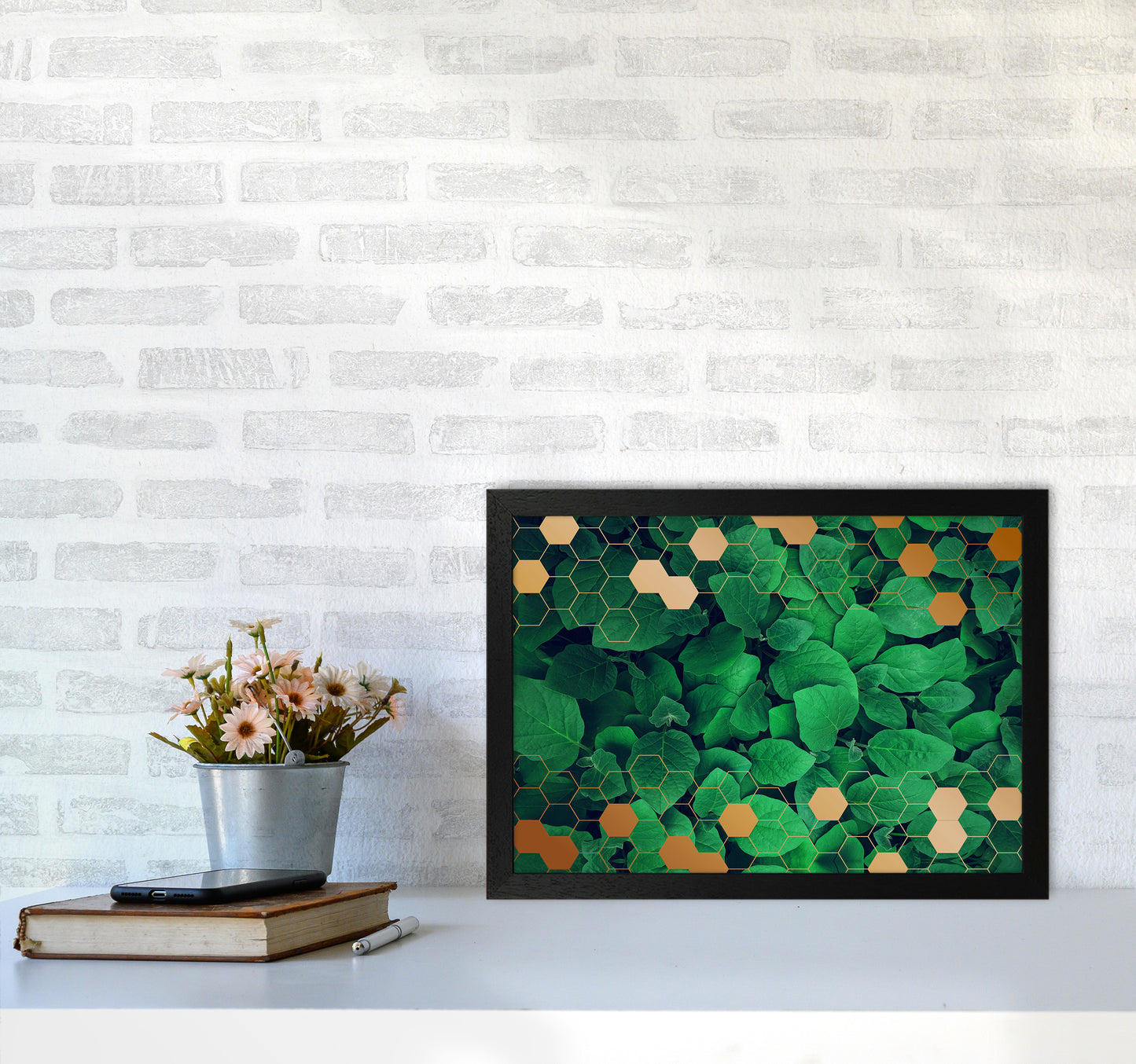 Polygonal Gold Leaves Art Print by Seven Trees Design A3 White Frame