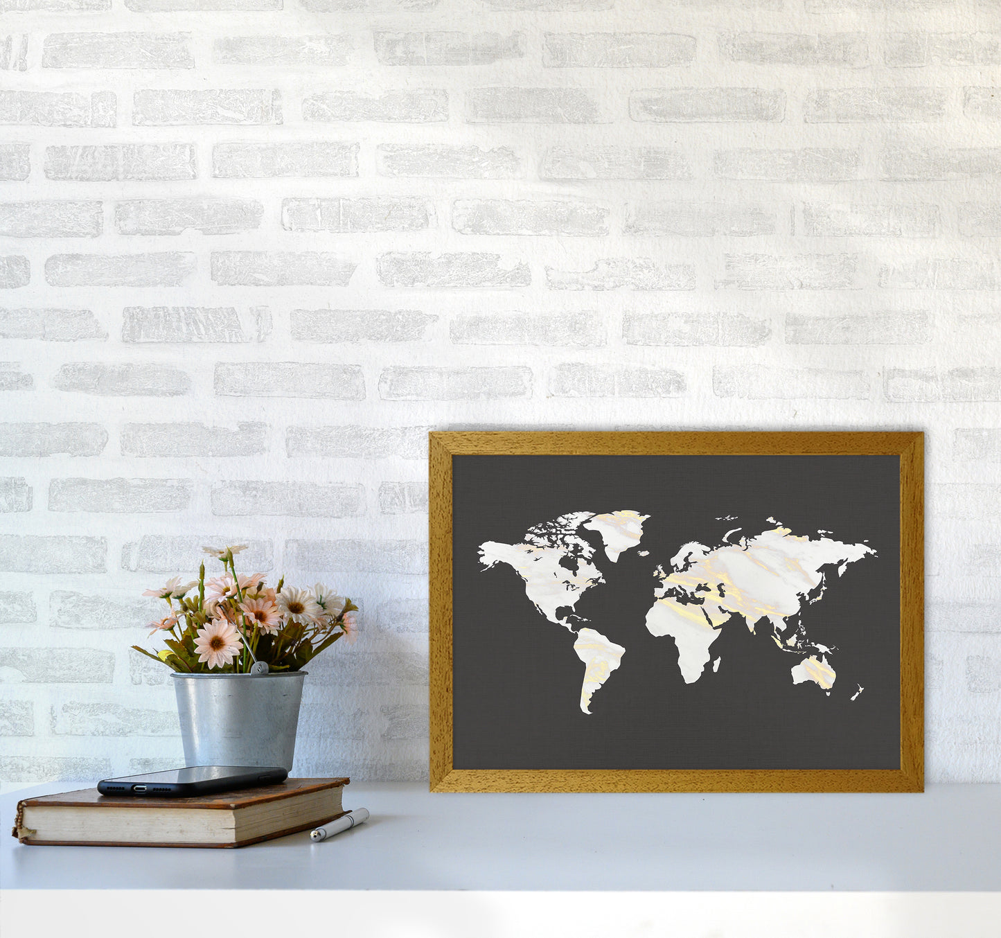 Marble Gold World Map Art Print by Seven Trees Design A3 Print Only
