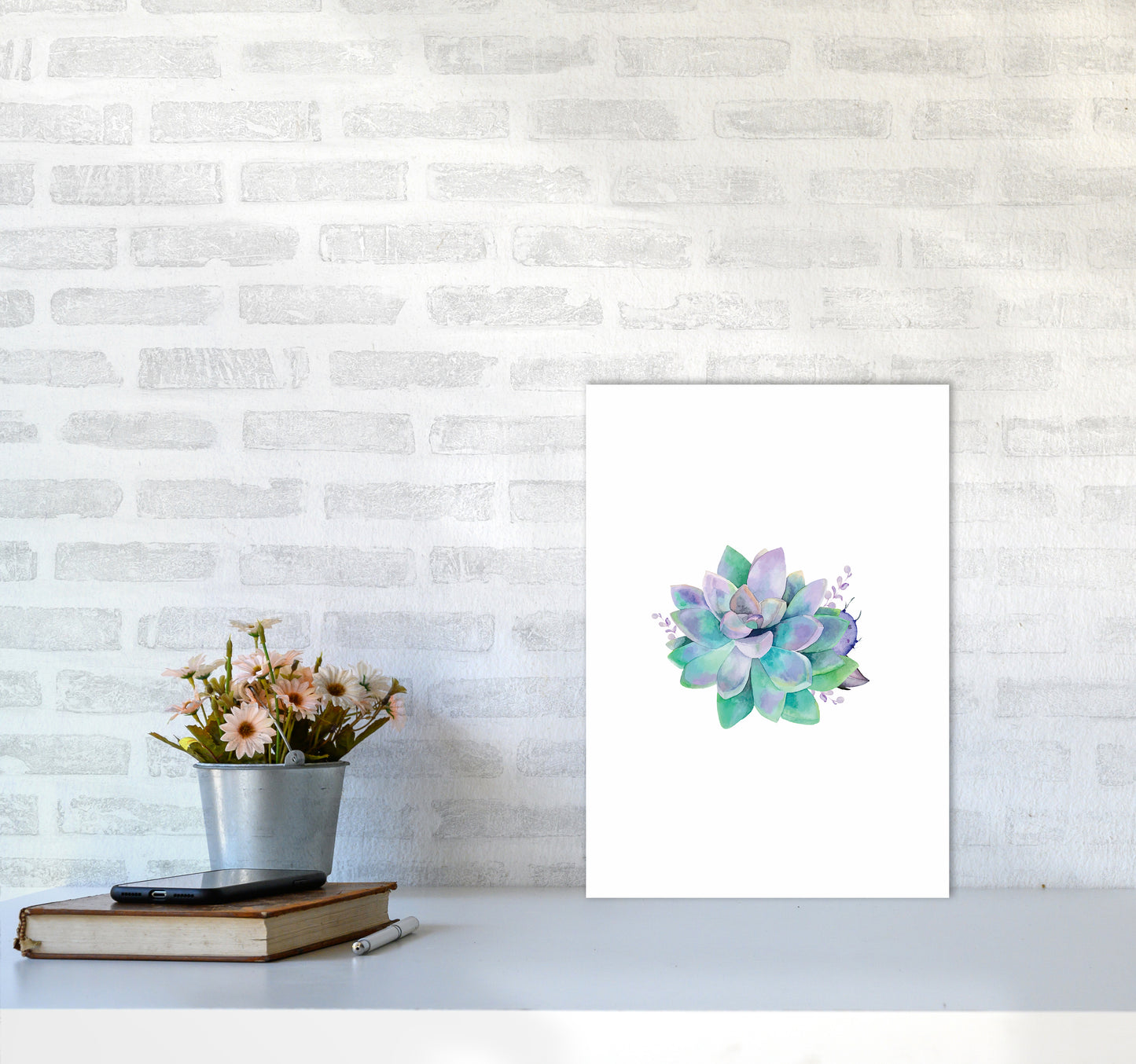 Aqua Succulent Botanical Art Print by Seven Trees Design A3 Black Frame