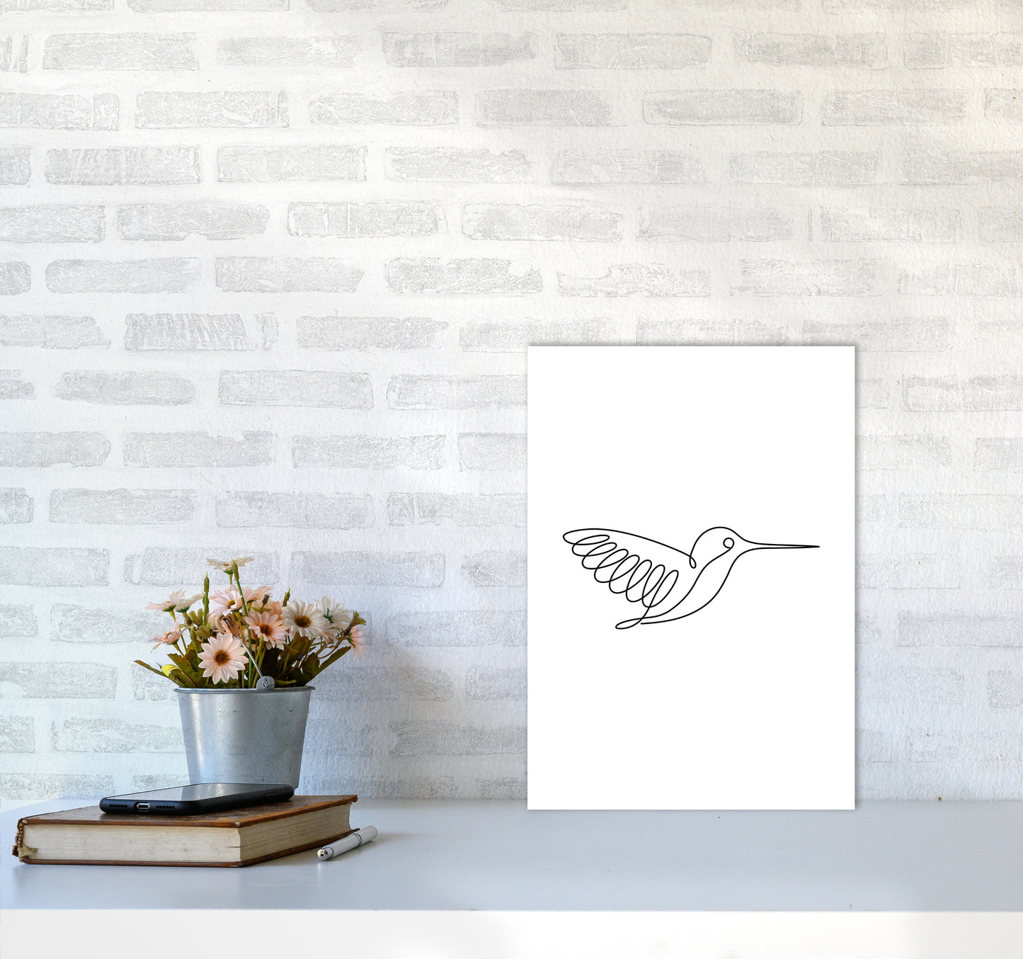 One Line Hummingbird Art Print by Seven Trees Design A3 Black Frame