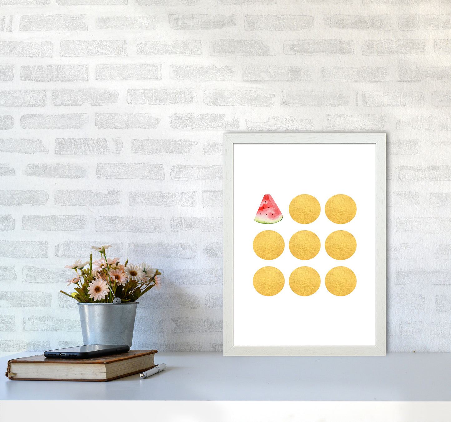 Gold Watermelon Kitchen Art Print by Seven Trees Design A3 Oak Frame