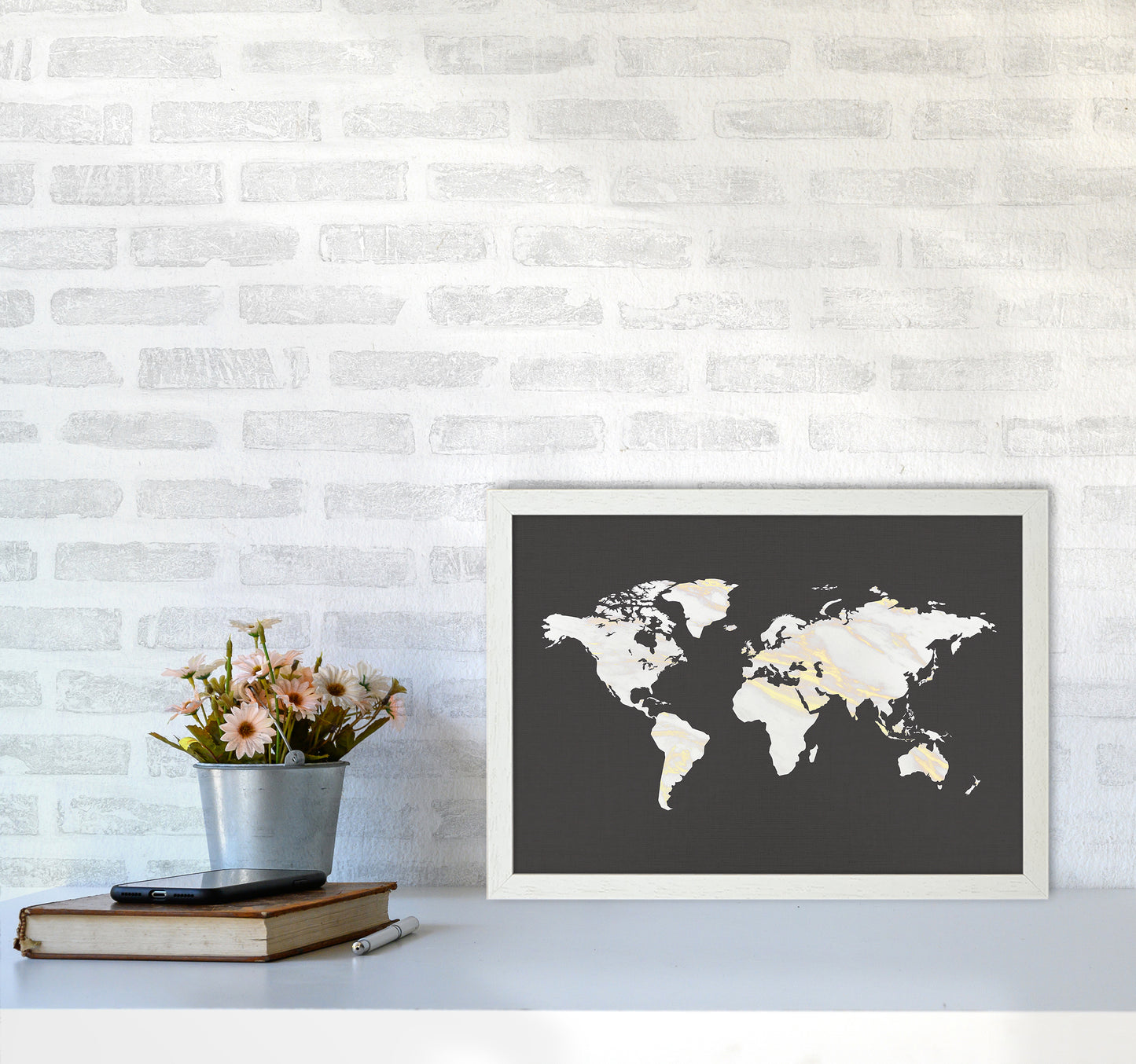 Marble Gold World Map Art Print by Seven Trees Design A3 Oak Frame