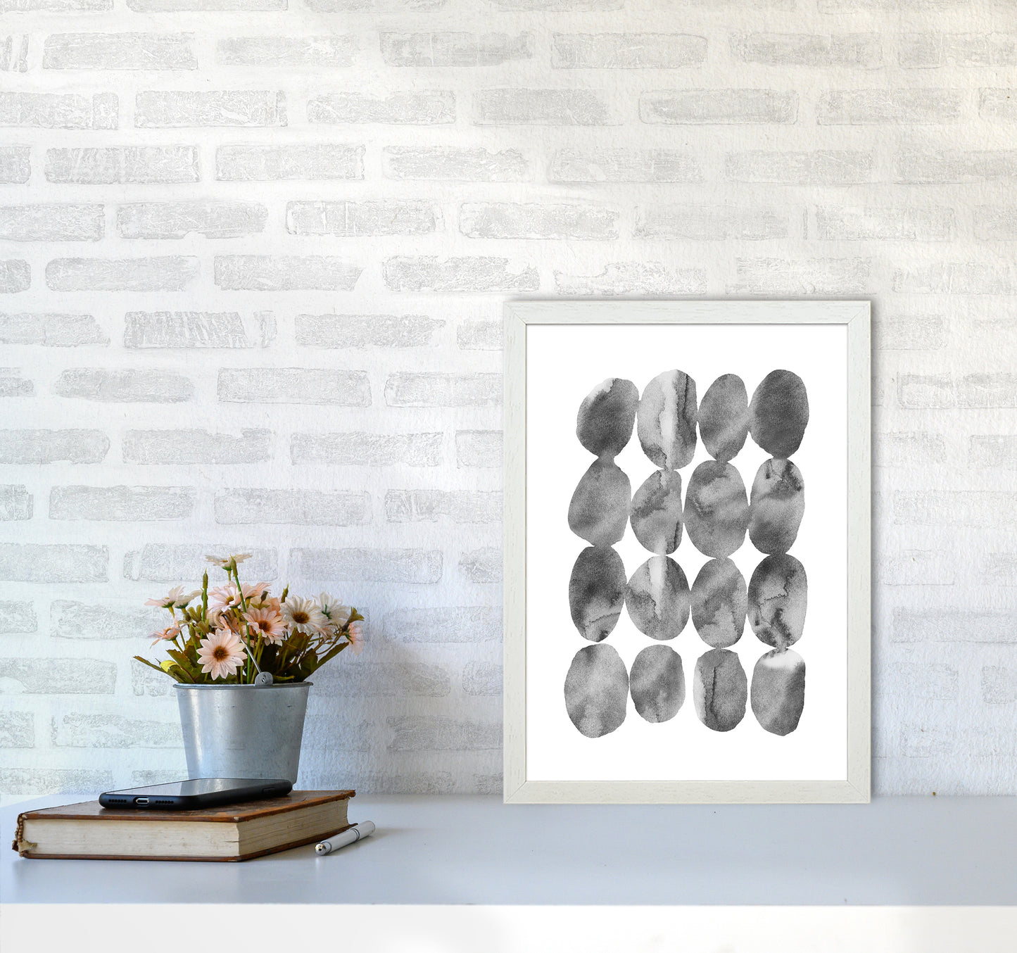 Watercolor Grey Stones Art Print by Seven Trees Design A3 Oak Frame