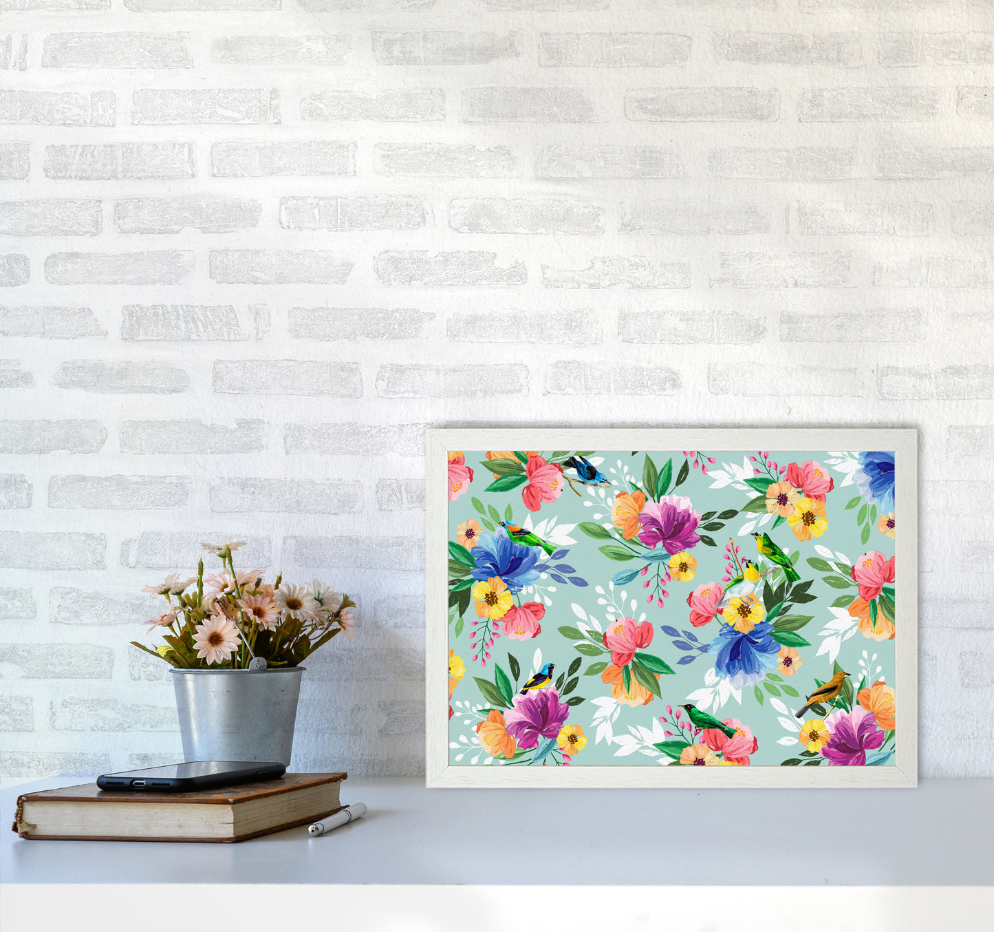 flowers birds Art Print by Seven Trees Design A3 Oak Frame