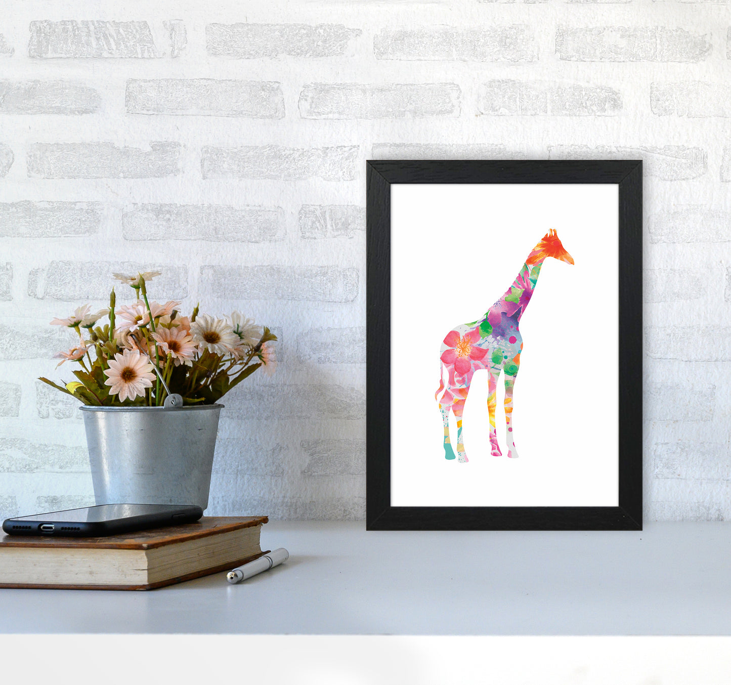 The Floral Giraffe Animal Art Print by Seven Trees Design A4 White Frame