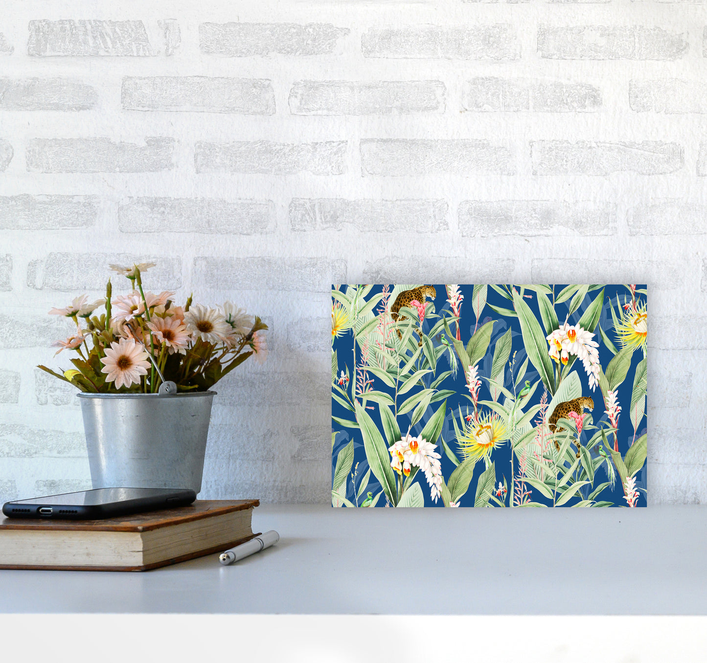 Leopard & Flowers Art Print by Seven Trees Design A4 Black Frame