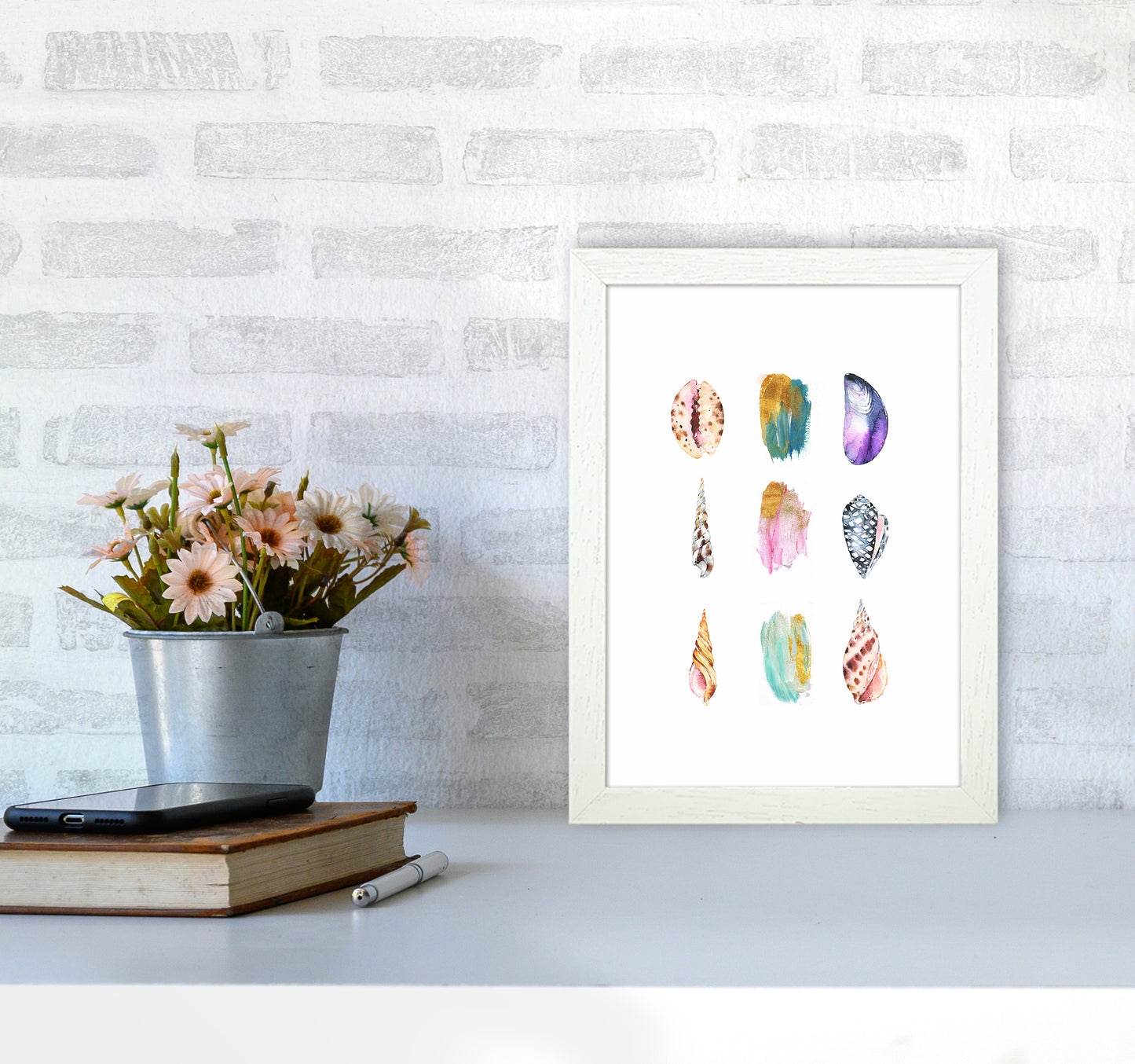 Sea And Brush Strokes I Shell Art Print by Seven Trees Design A4 Oak Frame