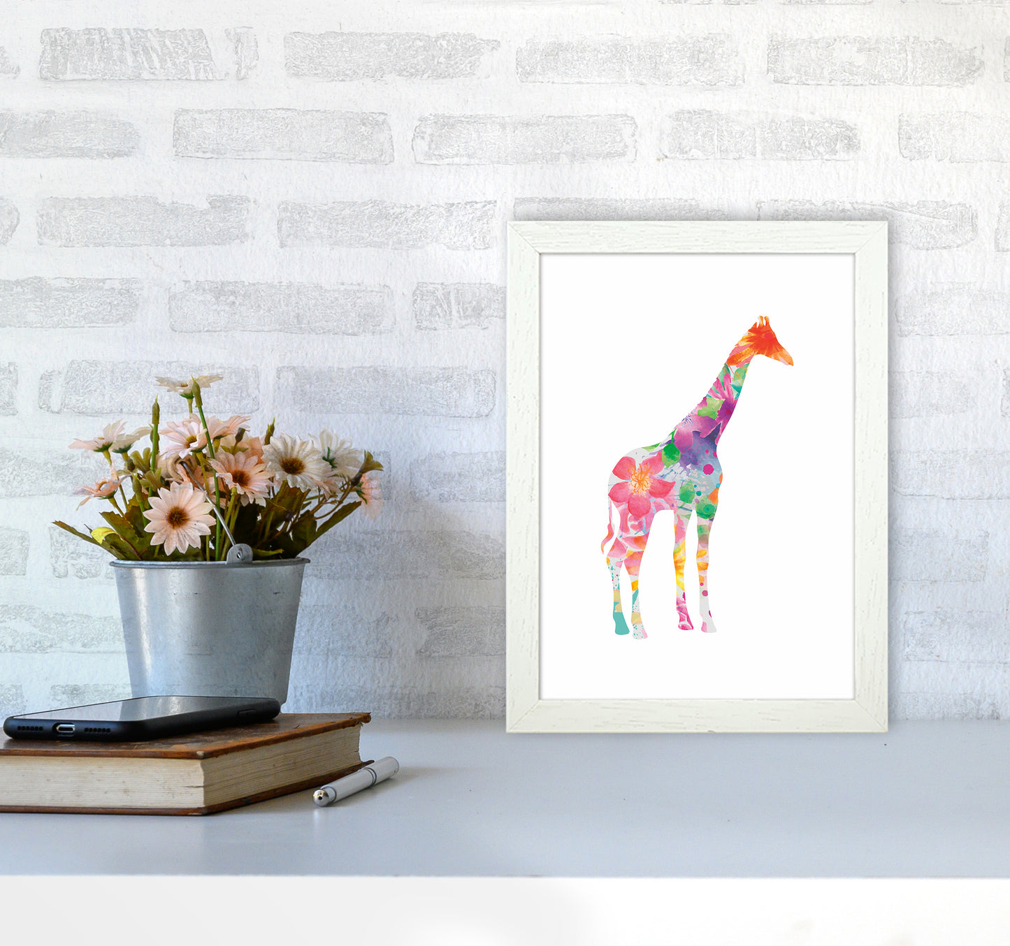 The Floral Giraffe Animal Art Print by Seven Trees Design A4 Oak Frame