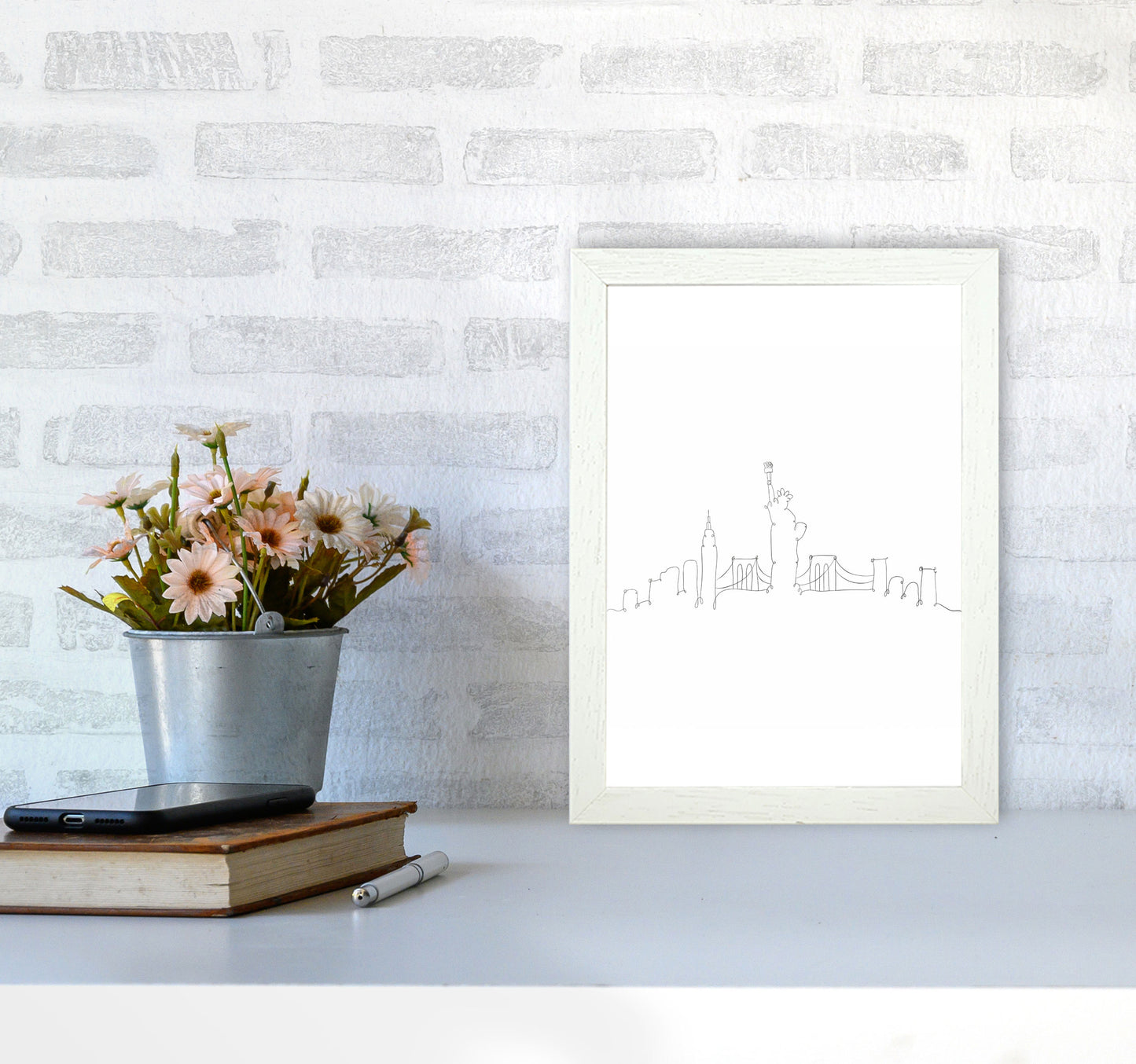 One Line New York Art Print by Seven Trees Design A4 Oak Frame