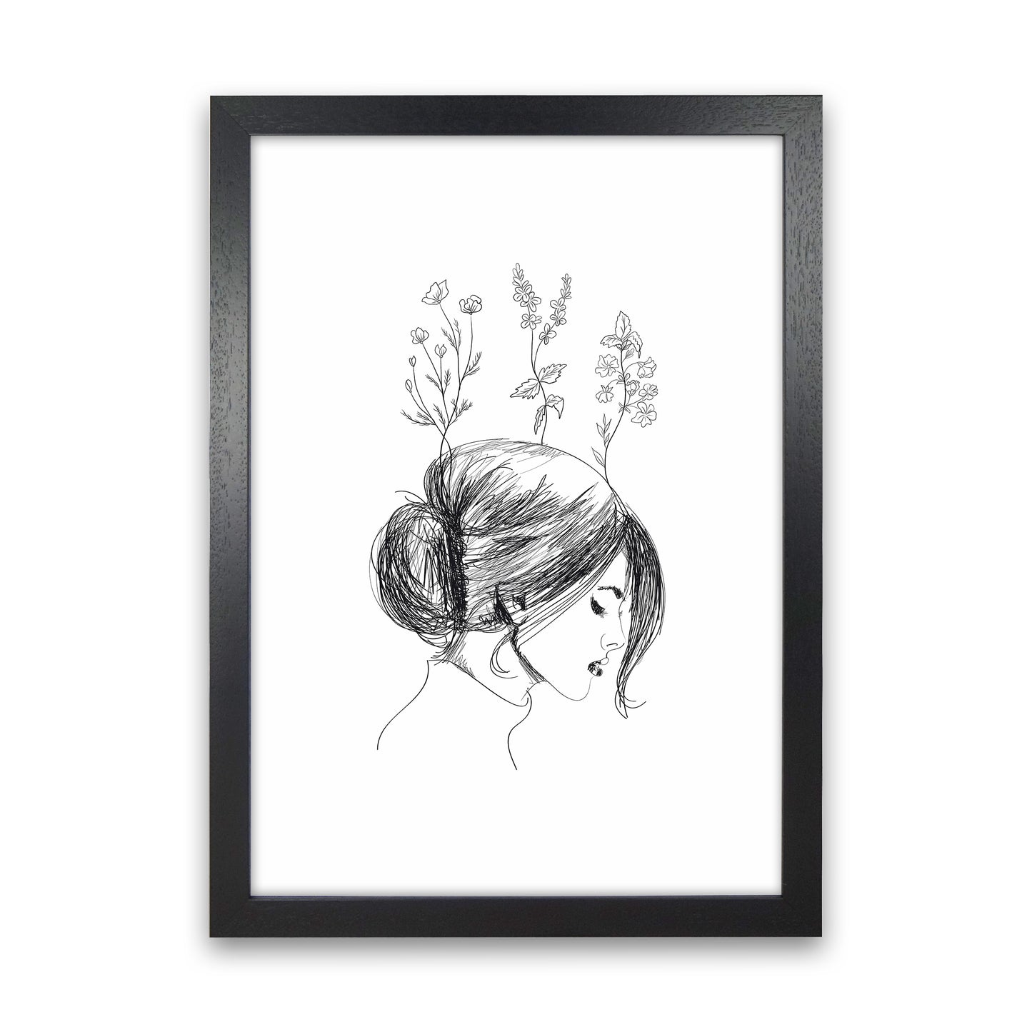 Hand Drawn Flower Girl Art Print by Seven Trees Design Black Grain