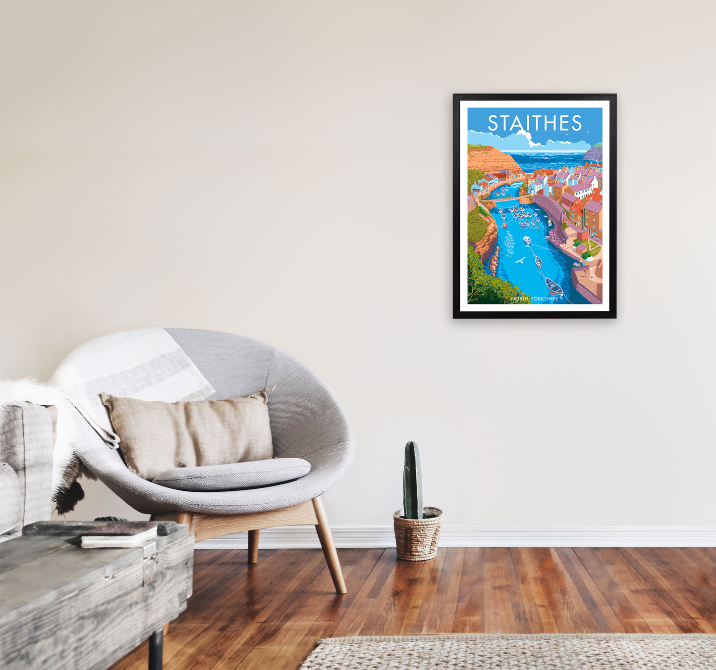 Staithes by Stephen Millership Yorkshire Art Print, Vintage Travel Poster A2 White Frame