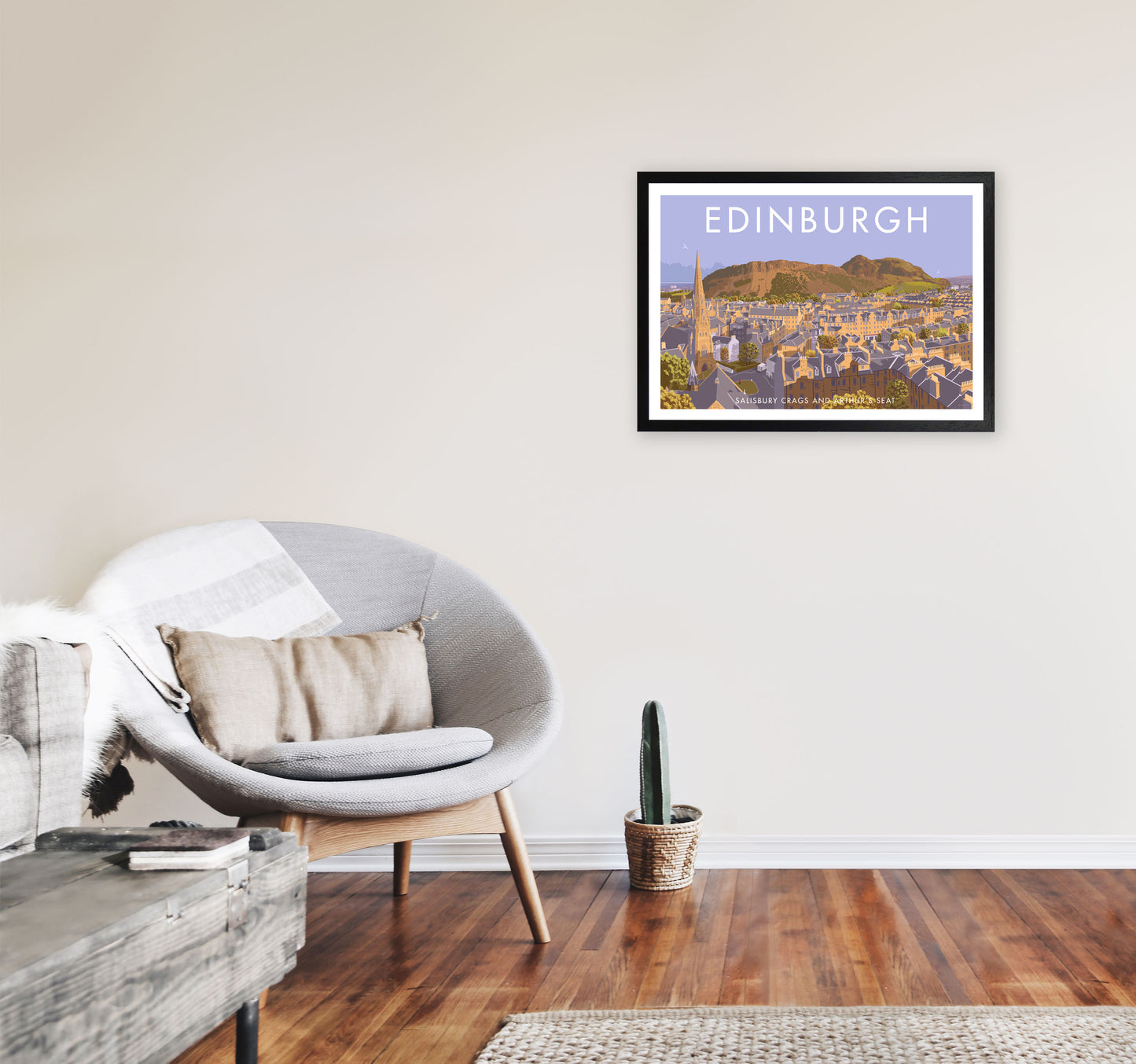 Arthur's Seat Edinburgh Travel Art Print by Stephen Millership, Framed Poster A2 White Frame
