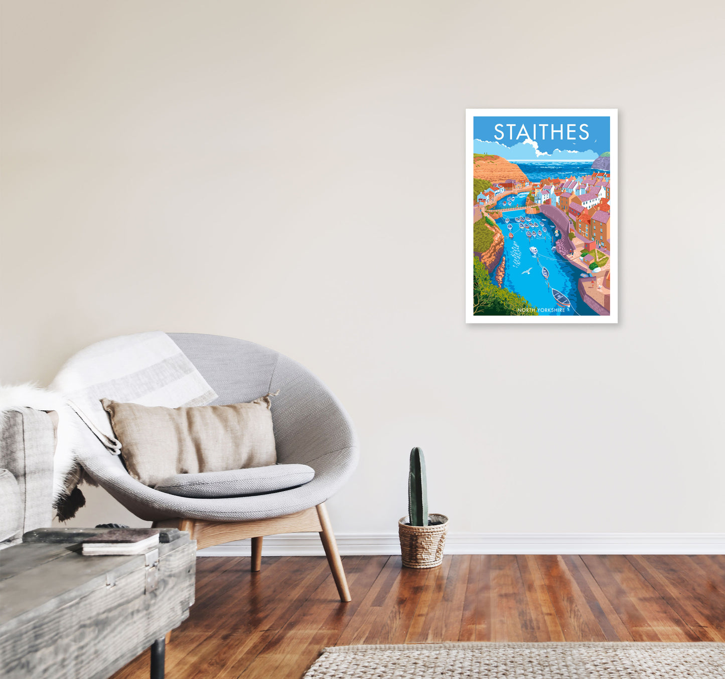 Staithes by Stephen Millership Yorkshire Art Print, Vintage Travel Poster A2 Black Frame