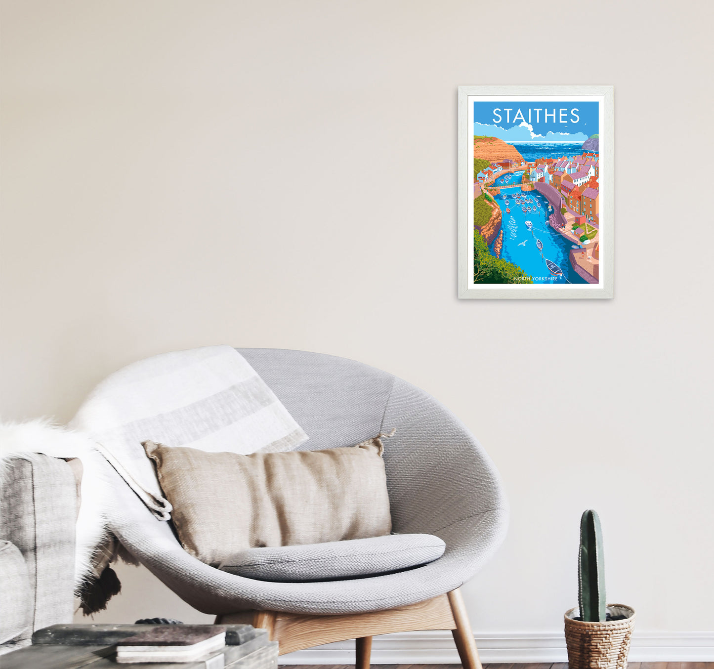 Staithes by Stephen Millership Yorkshire Art Print, Vintage Travel Poster A3 Oak Frame