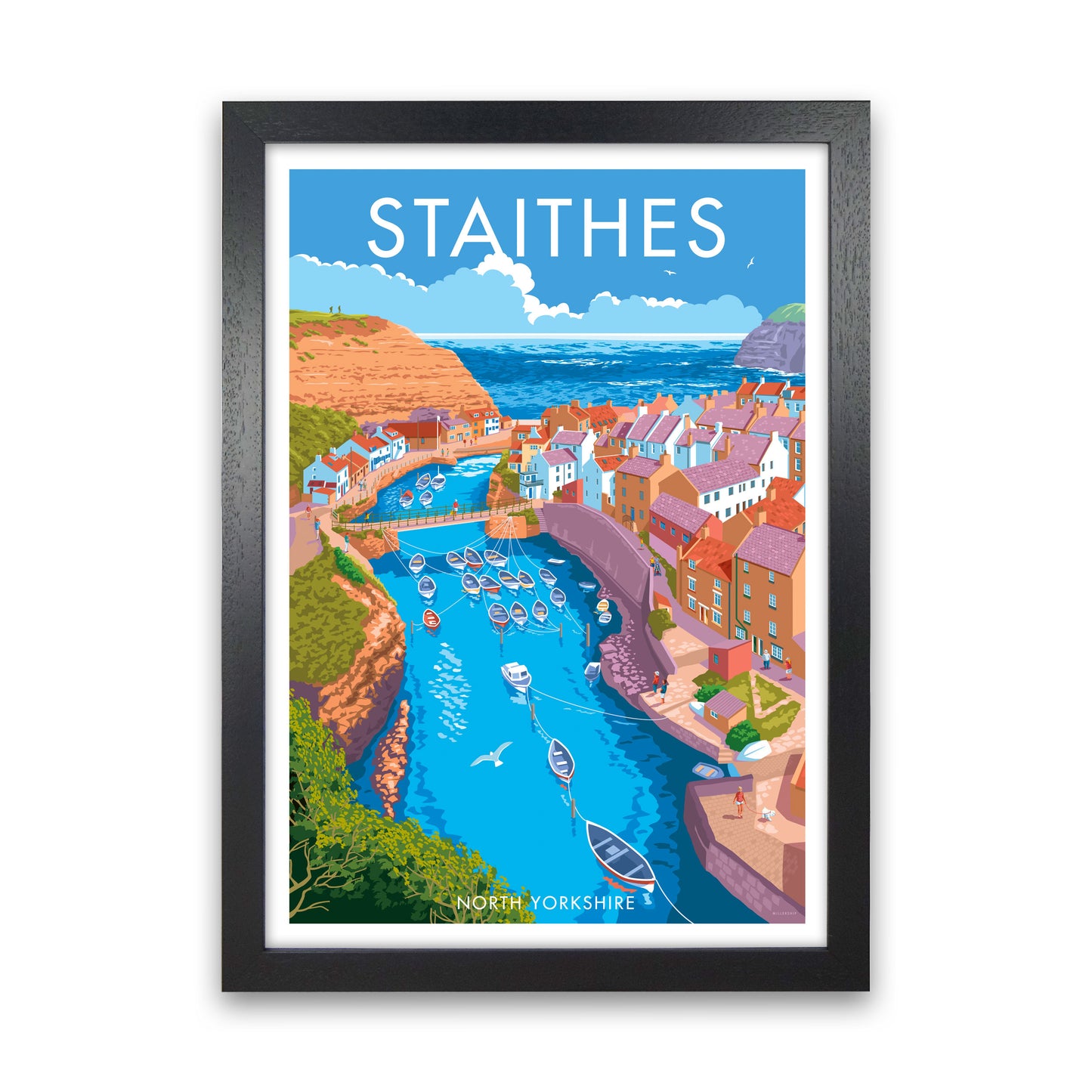 Staithes by Stephen Millership Yorkshire Art Print, Vintage Travel Poster Black Grain