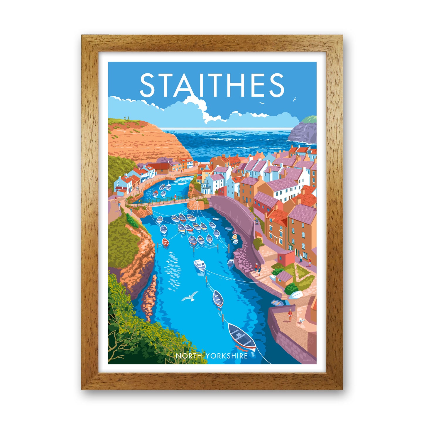 Staithes by Stephen Millership Yorkshire Art Print, Vintage Travel Poster Oak Grain