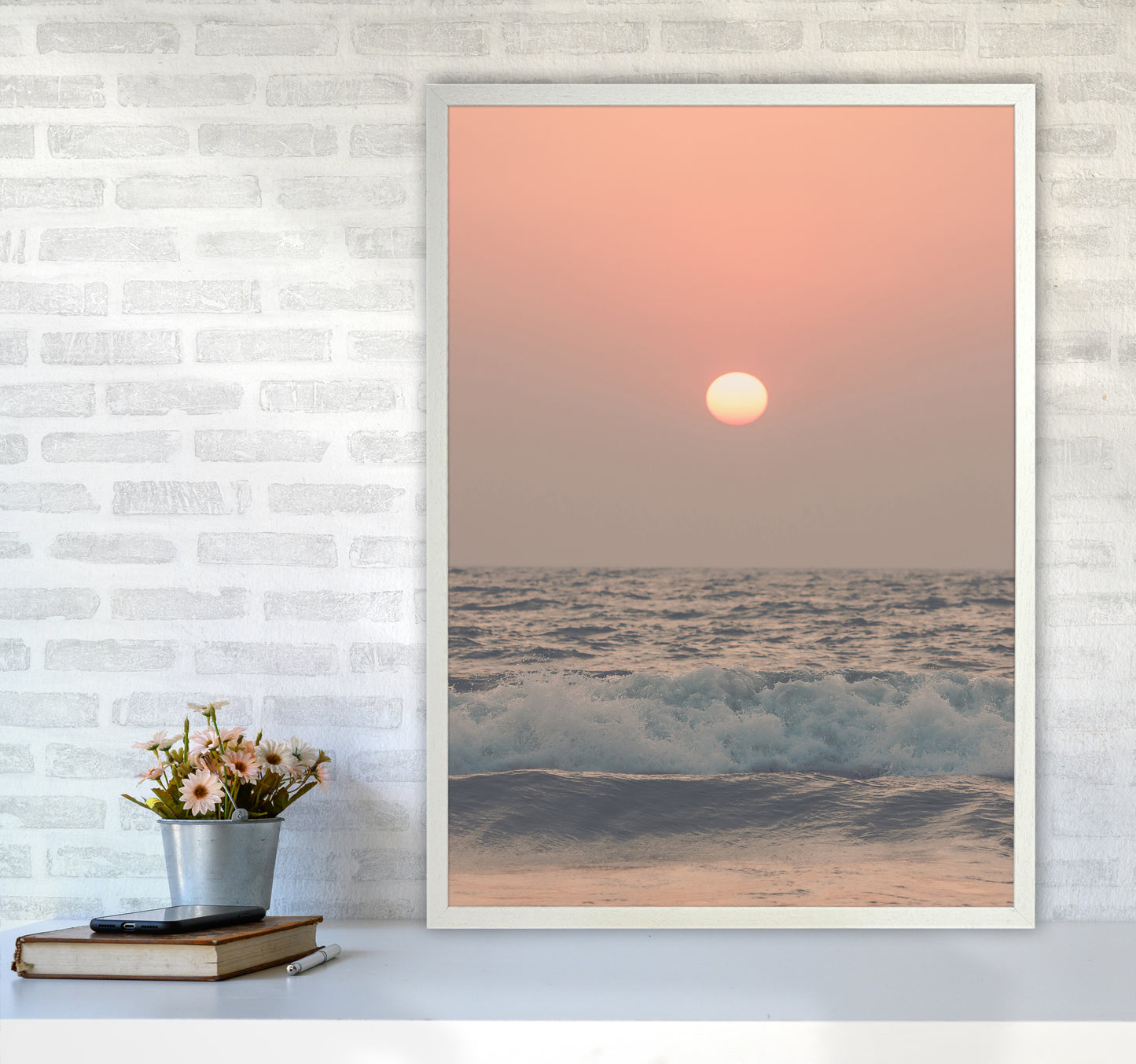 Pink beach sunset Photography Print by Victoria Frost A1 Oak Frame