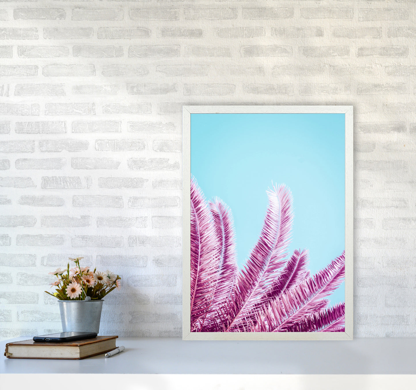Pink Palm Trees Photography Print by Victoria Frost A2 Oak Frame