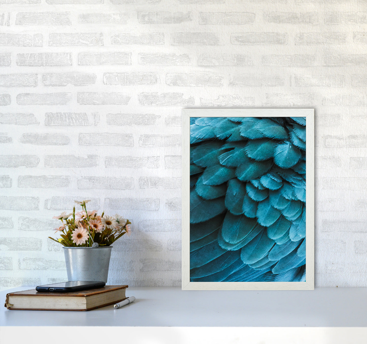 Blue Feathers Photography Print by Victoria Frost A3 Oak Frame