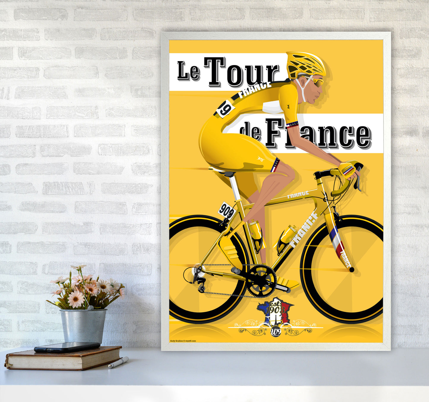 Modern Tour Cycling Print by Wyatt9 A1 Oak Frame
