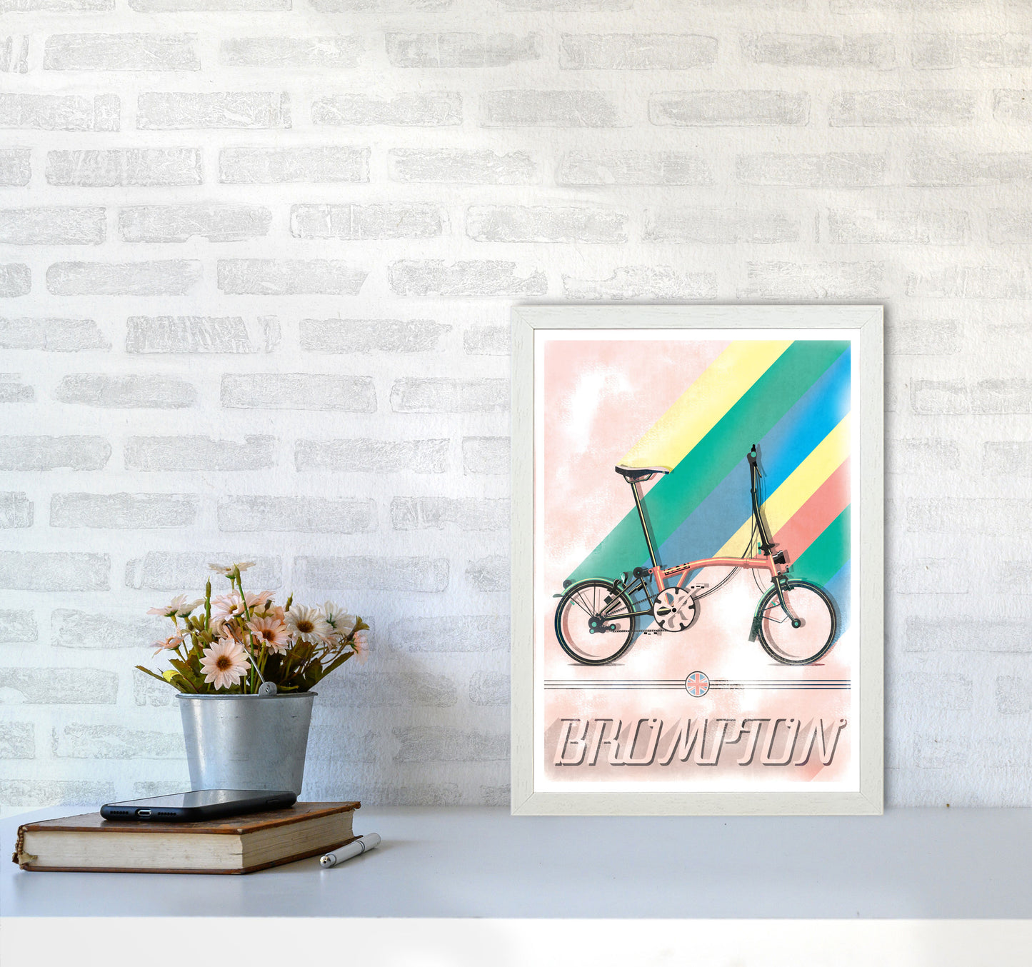Brompton Vintage Cycling Print by Wyatt9 A3 Oak Frame