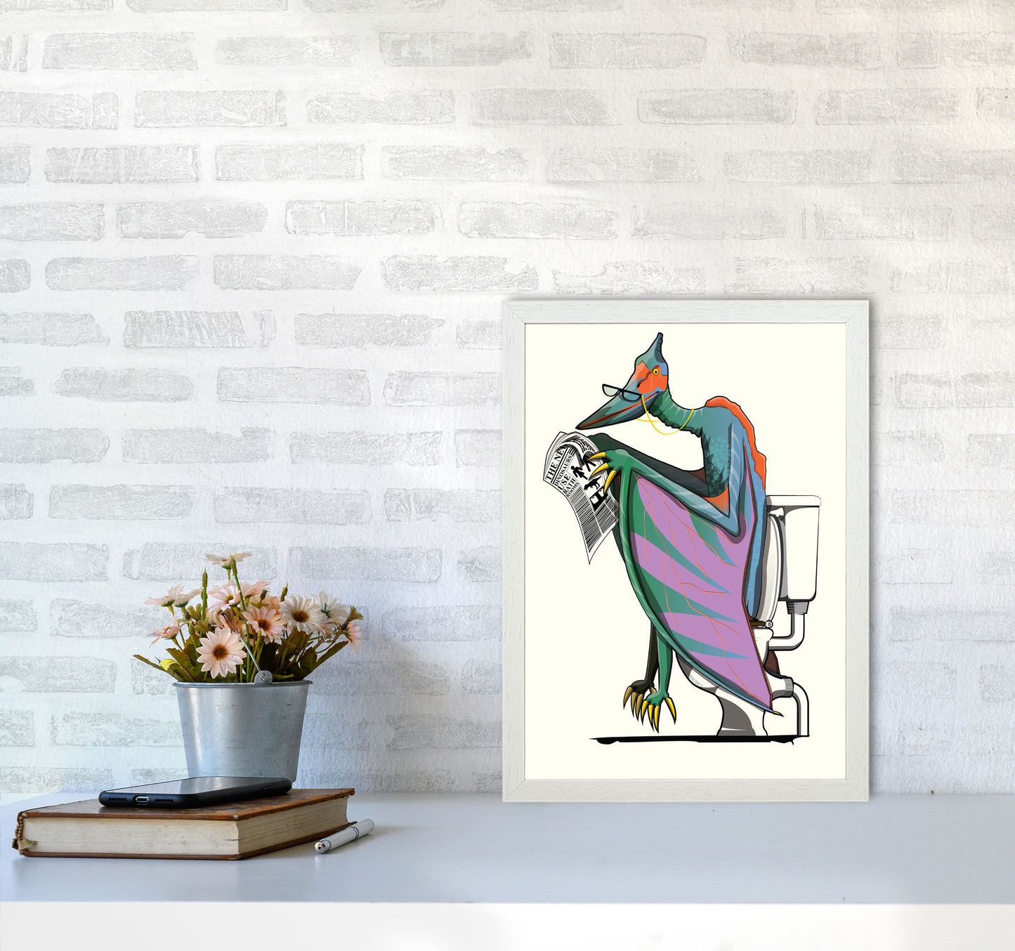 Pterodactyl Bathroom Print by Wyatt9 A3 Oak Frame