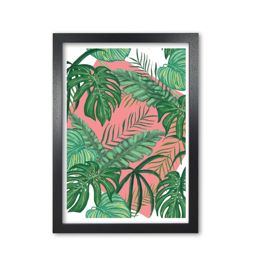 Abstract leaves with pink background modern fine art print, framed botanical & nature art print