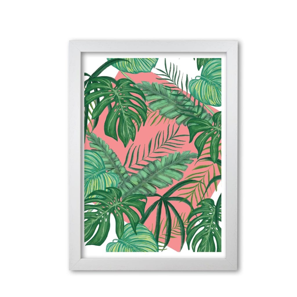 Abstract leaves with pink background modern fine art print, framed botanical & nature art print