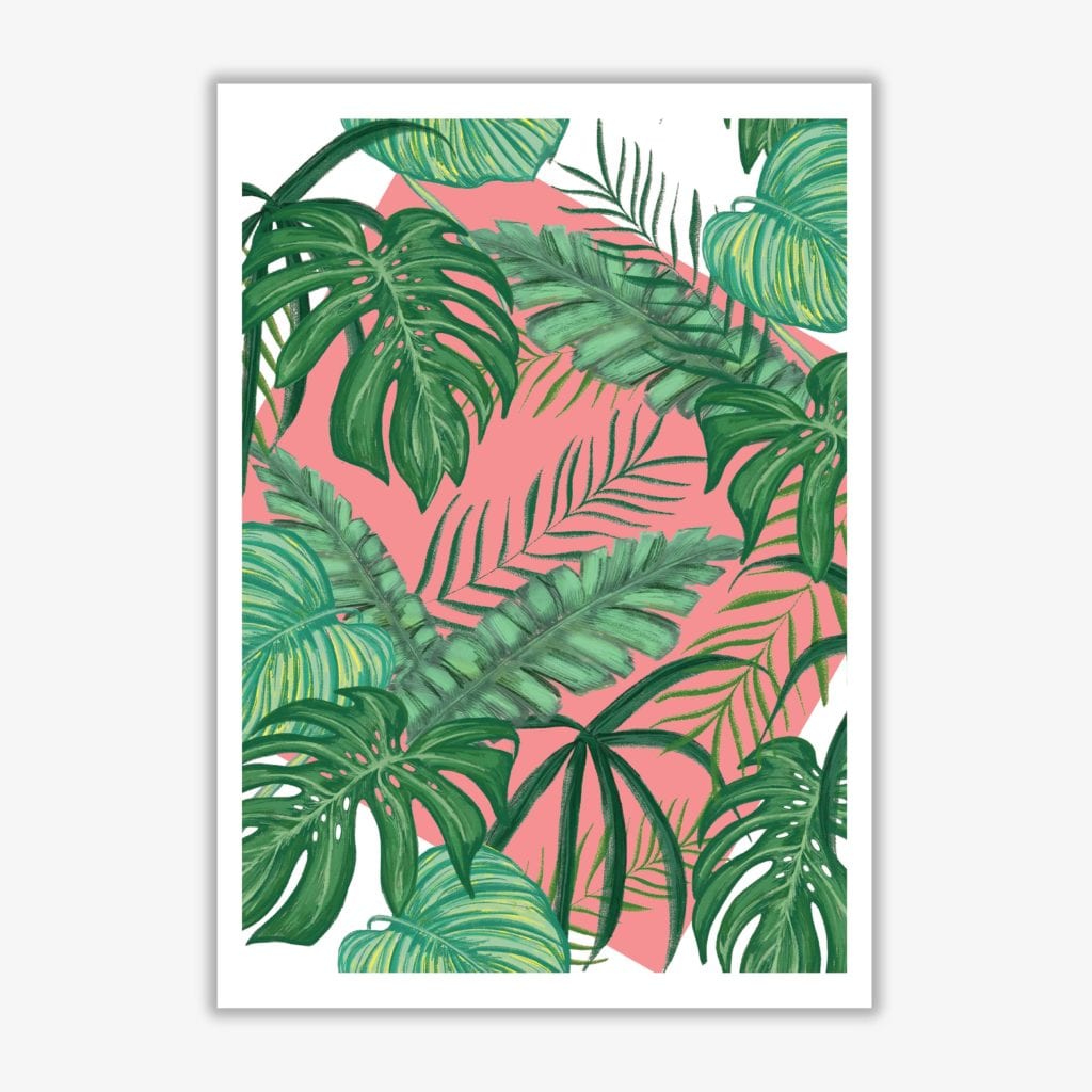 Abstract leaves with pink background modern fine art print, framed botanical & nature art print