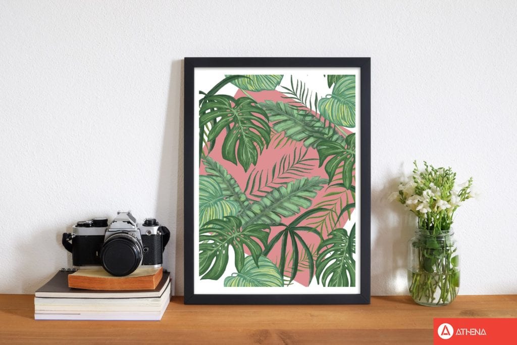 Abstract leaves with pink background modern fine art print, framed botanical & nature art print