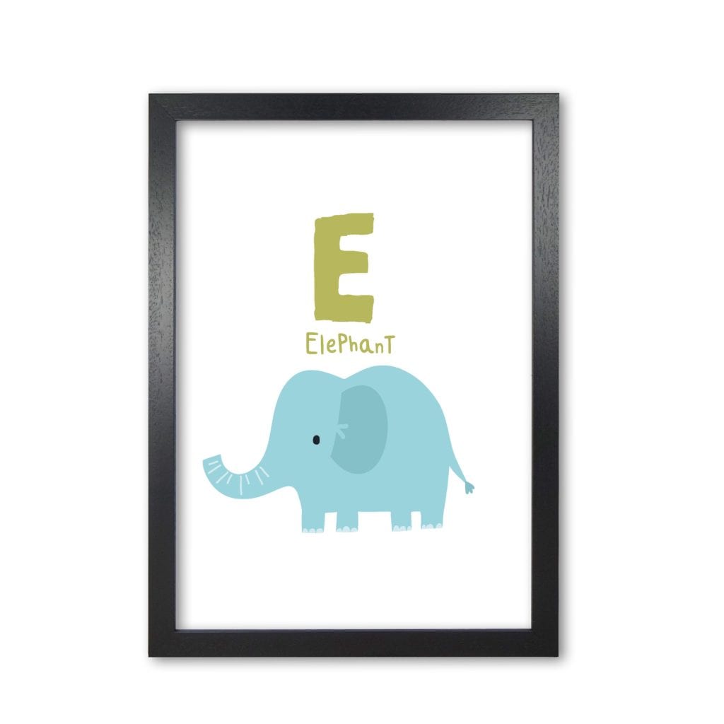 Alphabet animals, e is for elephant modern fine art print, framed childrens nursey wall art poster