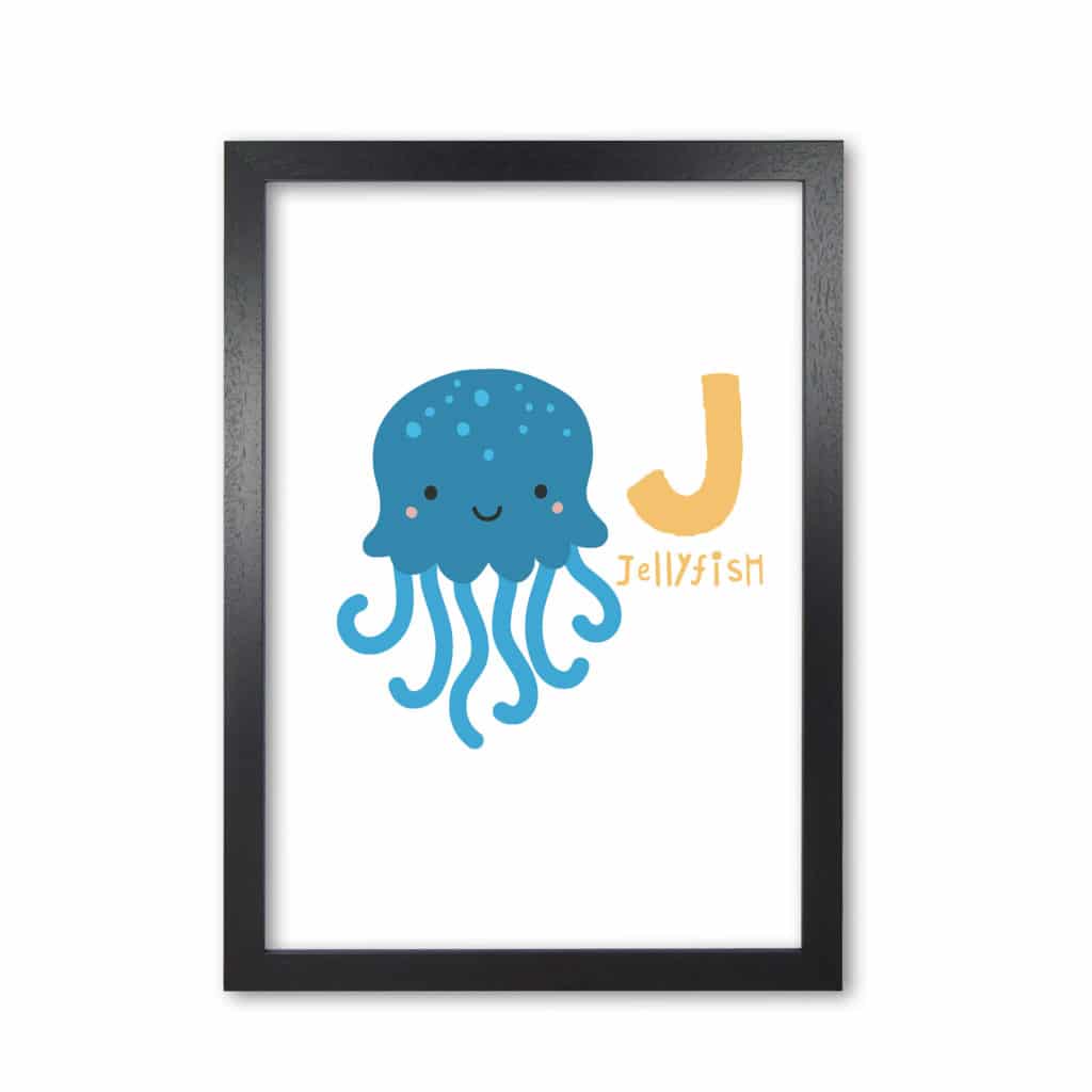 Alphabet animals, j is for jellyfish modern fine art print, framed childrens nursey wall art poster