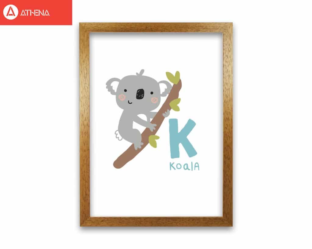 Alphabet animals, k is for koala modern fine art print, framed childrens nursey wall art poster