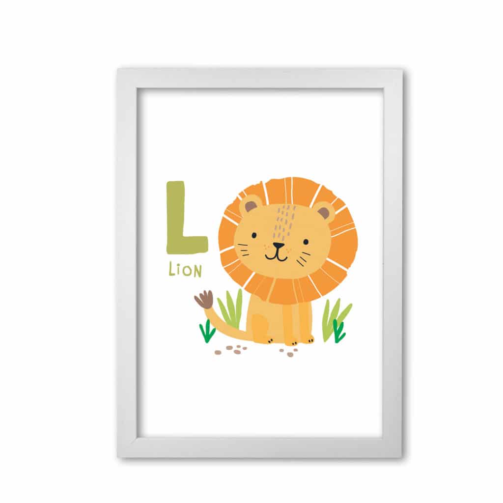 Alphabet animals, l is for lion modern fine art print, framed childrens nursey wall art poster