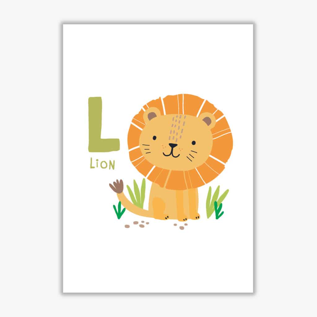 Alphabet animals, l is for lion modern fine art print, framed childrens nursey wall art poster