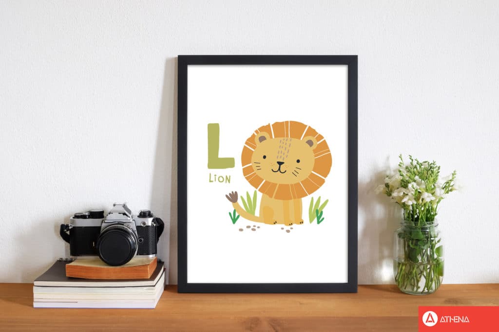 Alphabet animals, l is for lion modern fine art print, framed childrens nursey wall art poster