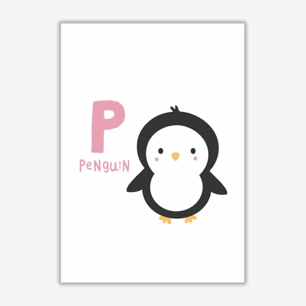 Alphabet animals, p is for penguin modern fine art print, framed childrens nursey wall art poster