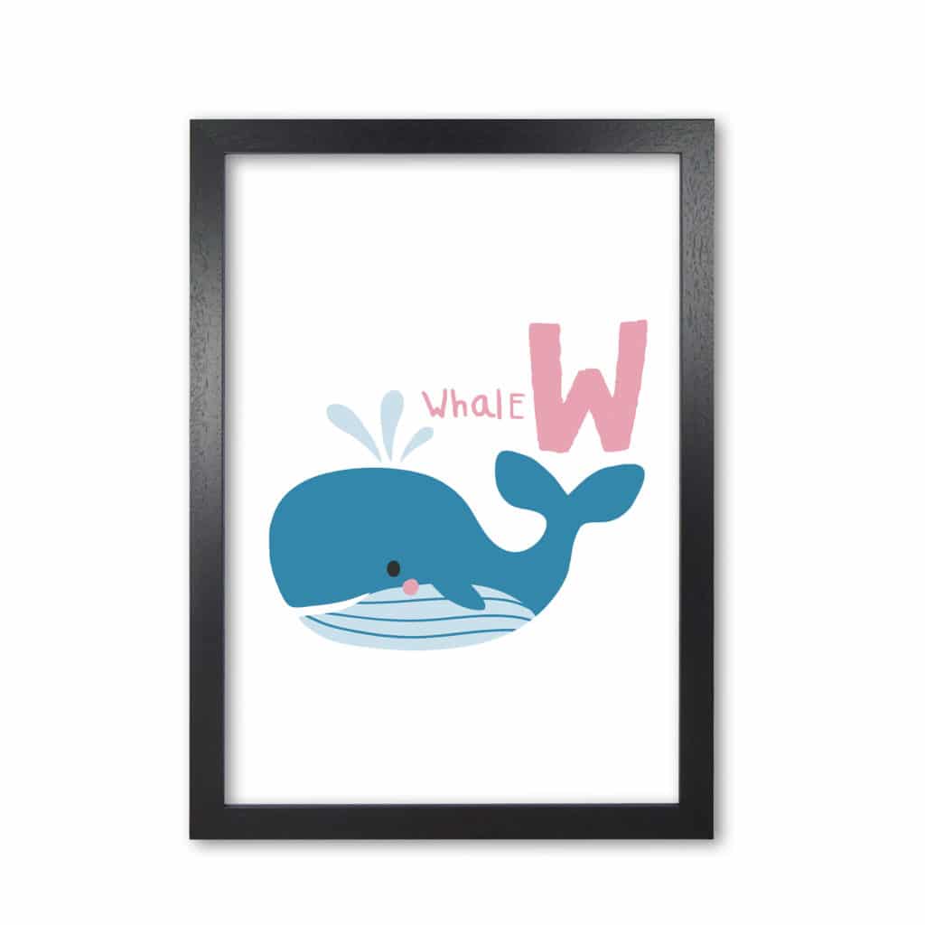 Alphabet animals, w is for whale modern fine art print, framed childrens nursey wall art poster