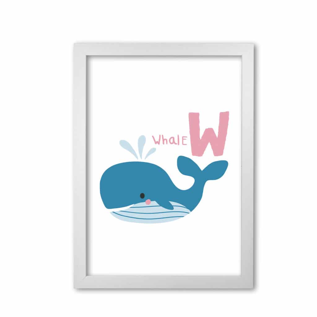 Alphabet animals, w is for whale modern fine art print, framed childrens nursey wall art poster