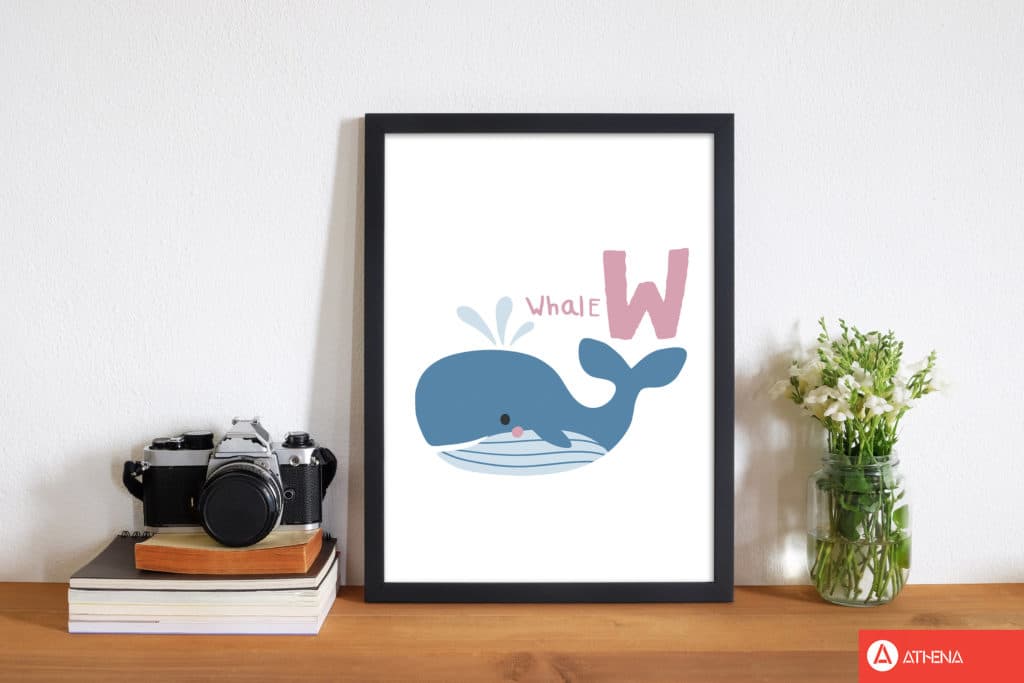Alphabet animals, w is for whale modern fine art print, framed childrens nursey wall art poster