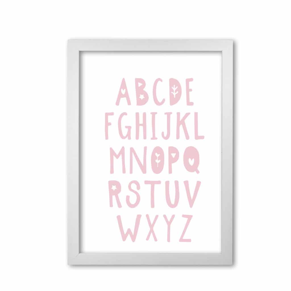 Baby pink alphabet modern fine art print, framed childrens nursey wall art poster