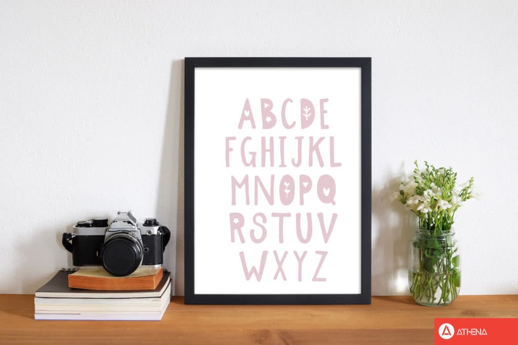 Baby pink alphabet modern fine art print, framed childrens nursey wall art poster