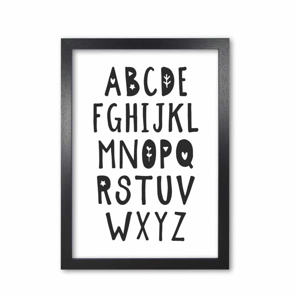 Black alphabet modern fine art print, framed childrens nursey wall art poster