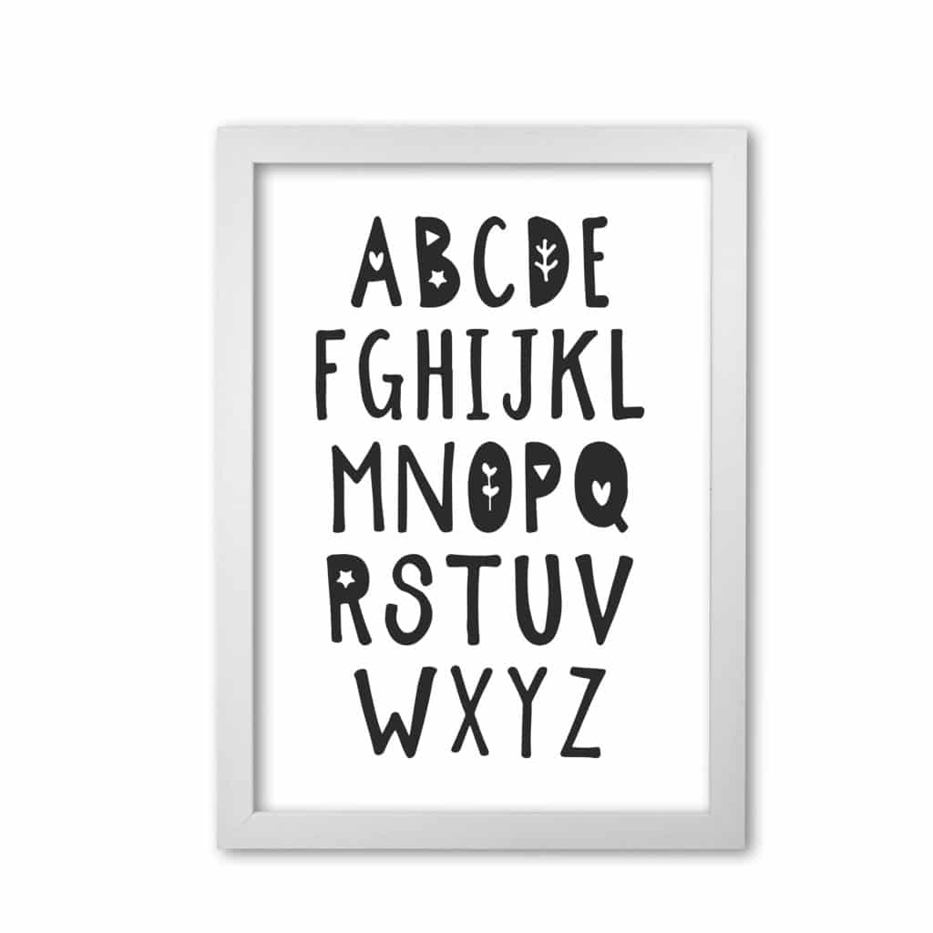 Black alphabet modern fine art print, framed childrens nursey wall art poster