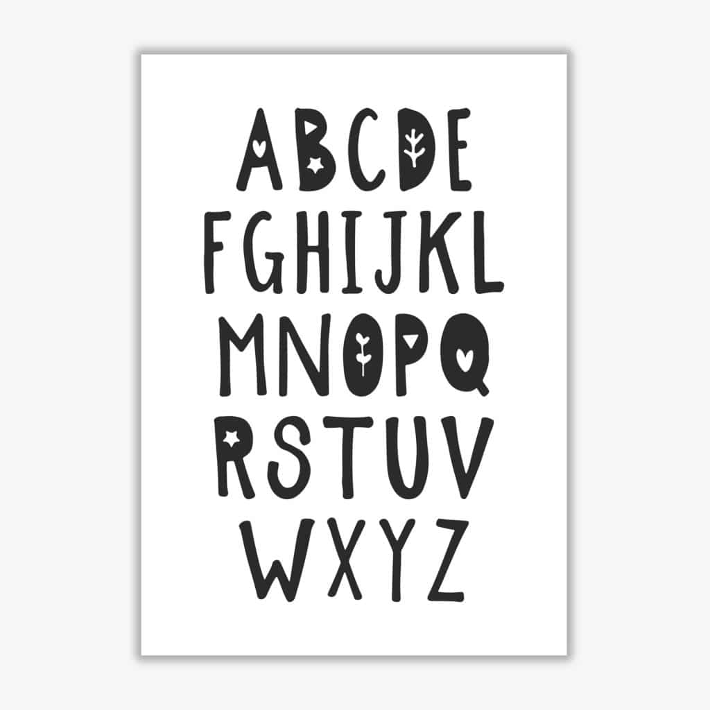 Black alphabet modern fine art print, framed childrens nursey wall art poster