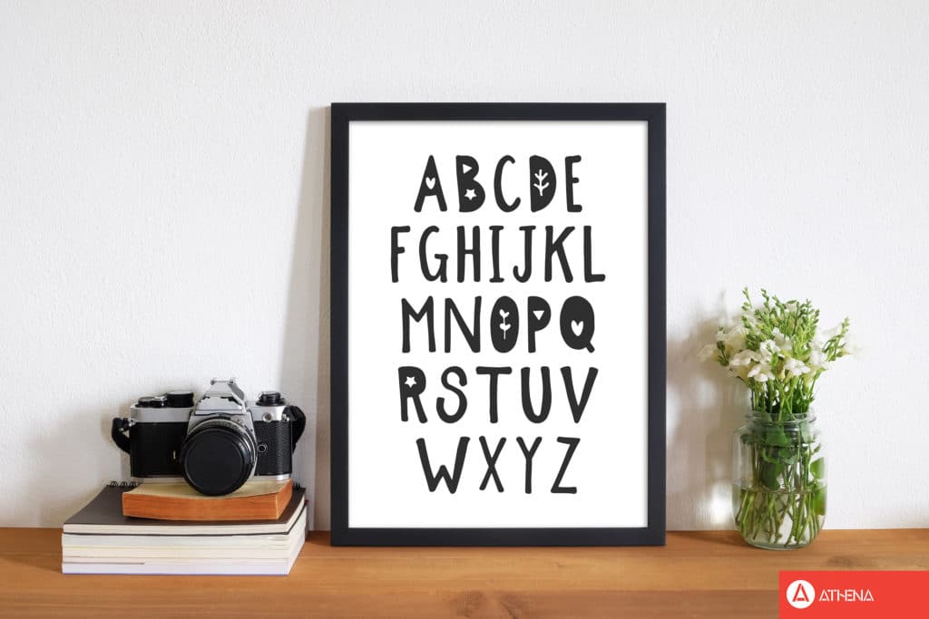 Black alphabet modern fine art print, framed childrens nursey wall art poster