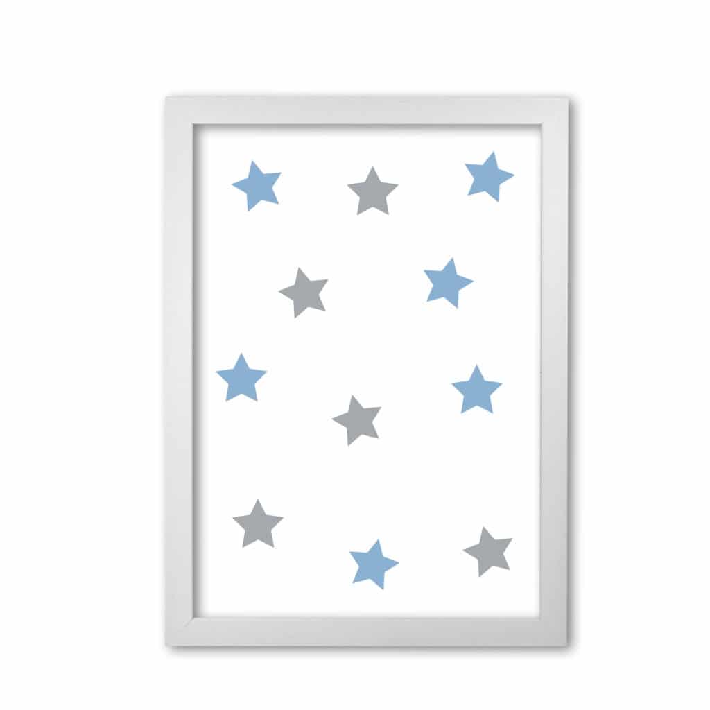 Blue and grey stars modern fine art print, framed childrens nursey wall art poster