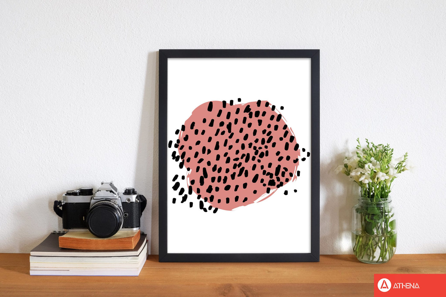 Coral blob with black polka dots abstract modern fine art print