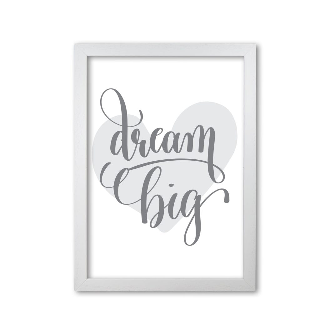 Dream big grey heart modern fine art print, framed childrens nursey wall art poster